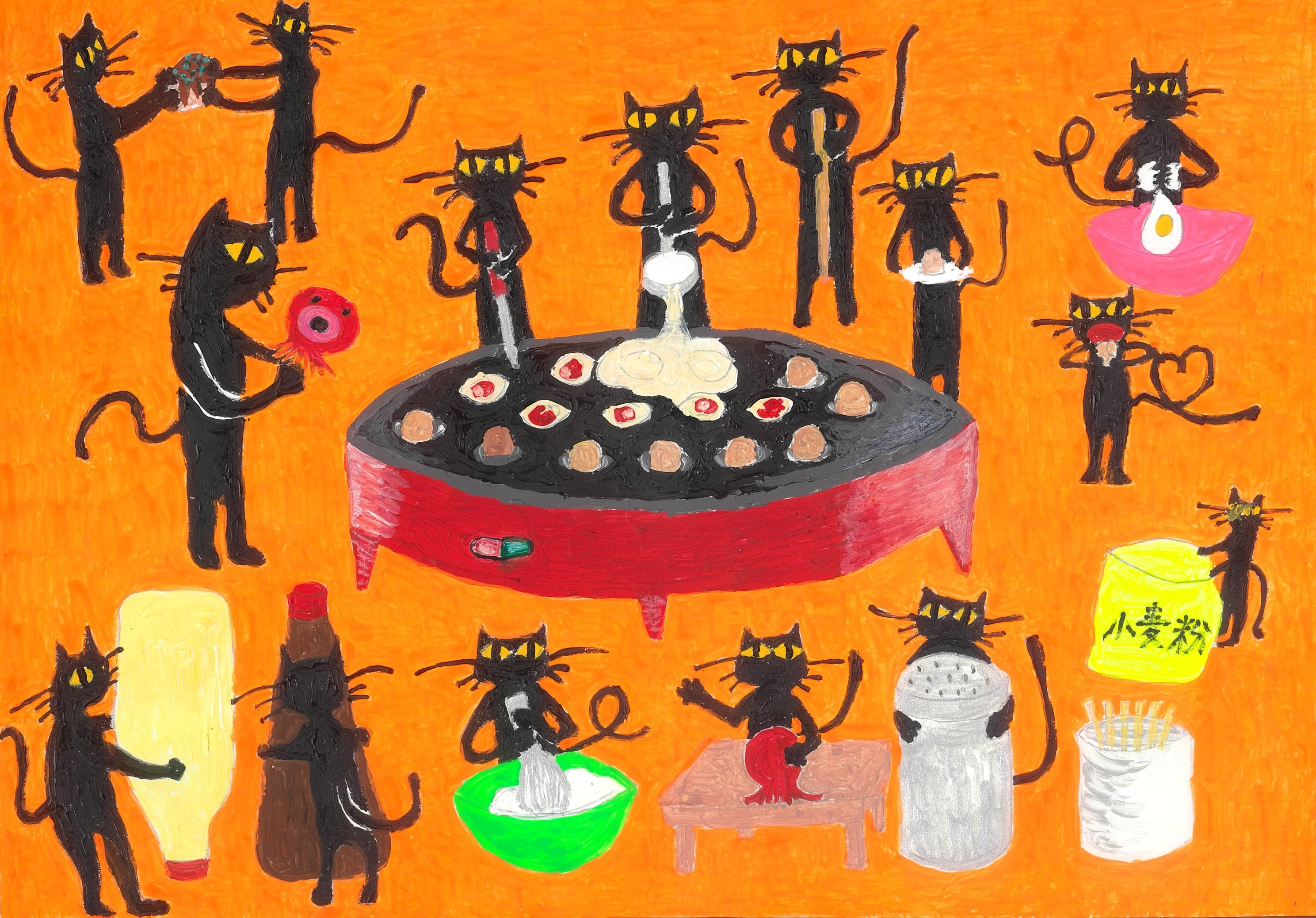 猫達のたこ焼きパーティ 作品画像